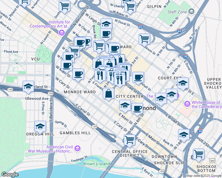 map of restaurants, bars, coffee shops, grocery stores, and more near in Richmond