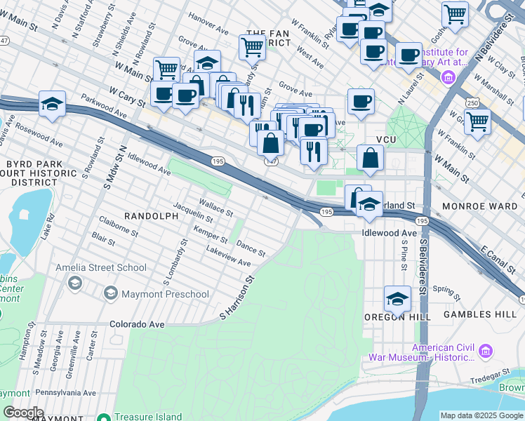 map of restaurants, bars, coffee shops, grocery stores, and more near 1300 Grayland Avenue in Richmond