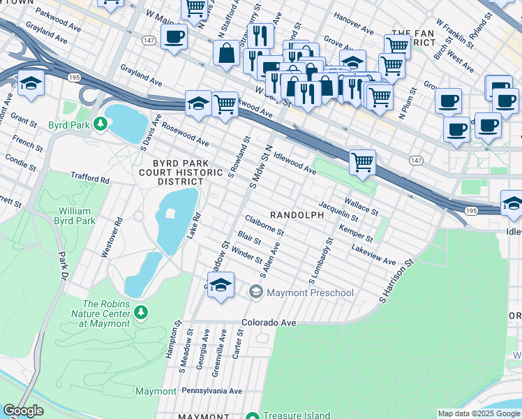 map of restaurants, bars, coffee shops, grocery stores, and more near 1901 Maplewood Avenue in Richmond