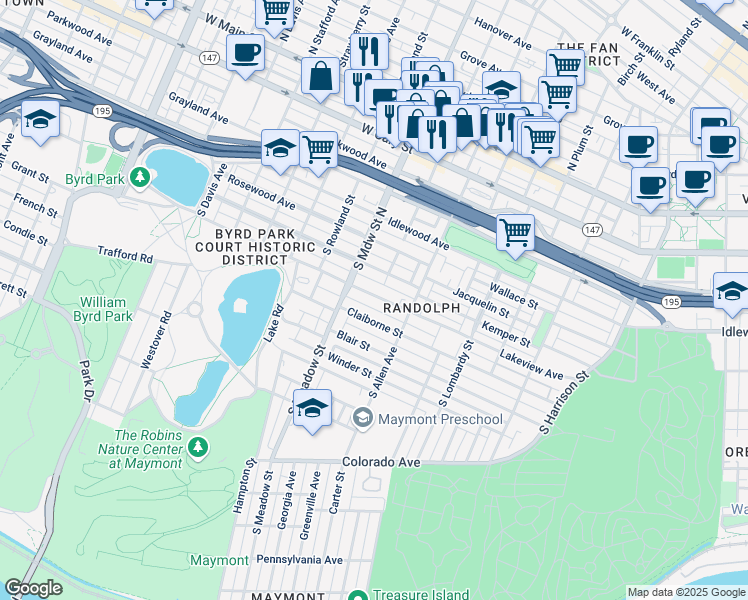 map of restaurants, bars, coffee shops, grocery stores, and more near 1901 Maplewood Avenue in Richmond