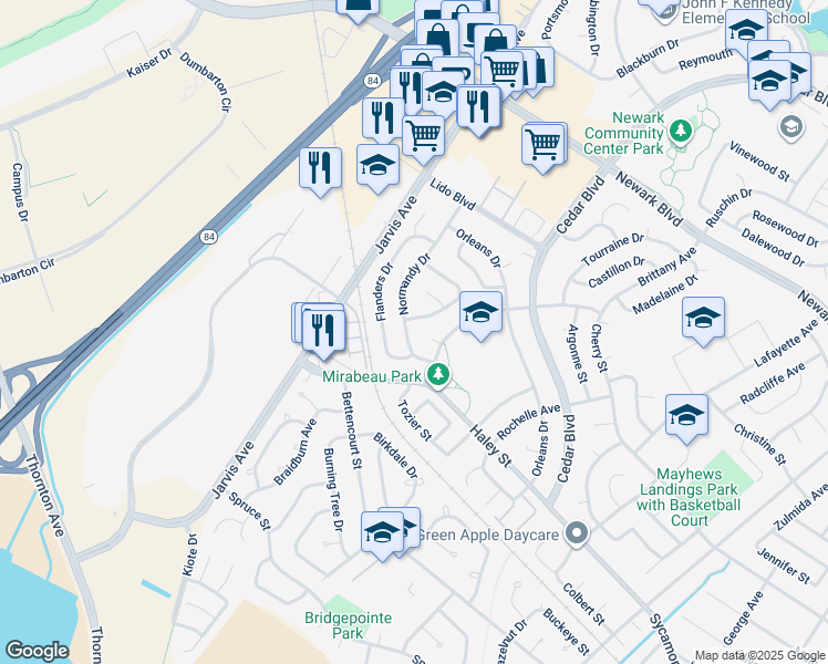 map of restaurants, bars, coffee shops, grocery stores, and more near 6740 Normandy Drive in Newark