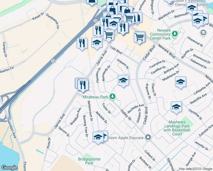 map of restaurants, bars, coffee shops, grocery stores, and more near 6740 Normandy Drive in Newark