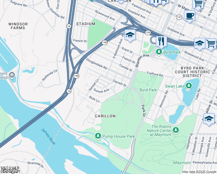 map of restaurants, bars, coffee shops, grocery stores, and more near 3105 Grantland Drive in Richmond