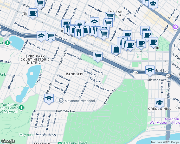 map of restaurants, bars, coffee shops, grocery stores, and more near 1600 Jacquelin Street in Richmond