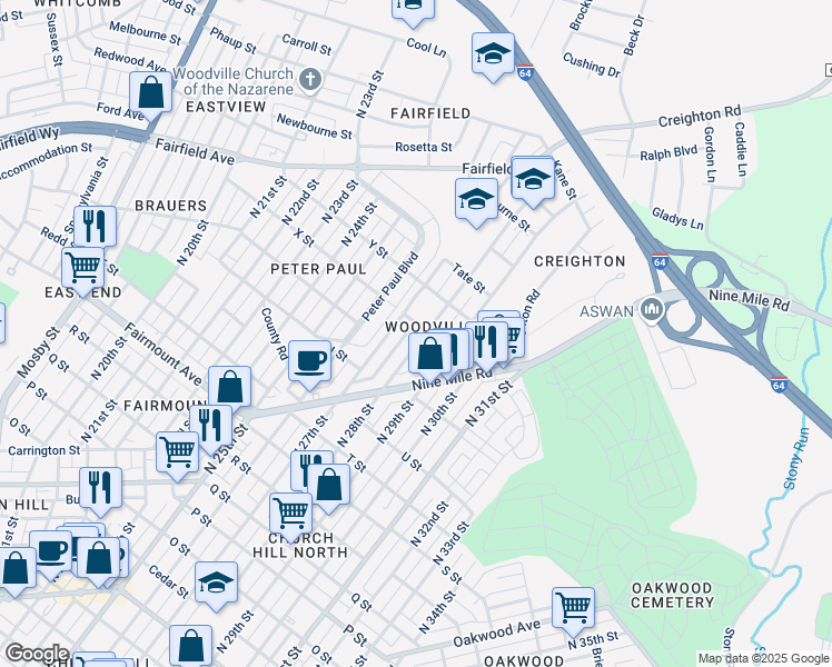 map of restaurants, bars, coffee shops, grocery stores, and more near 1724 North 28th Street in Richmond