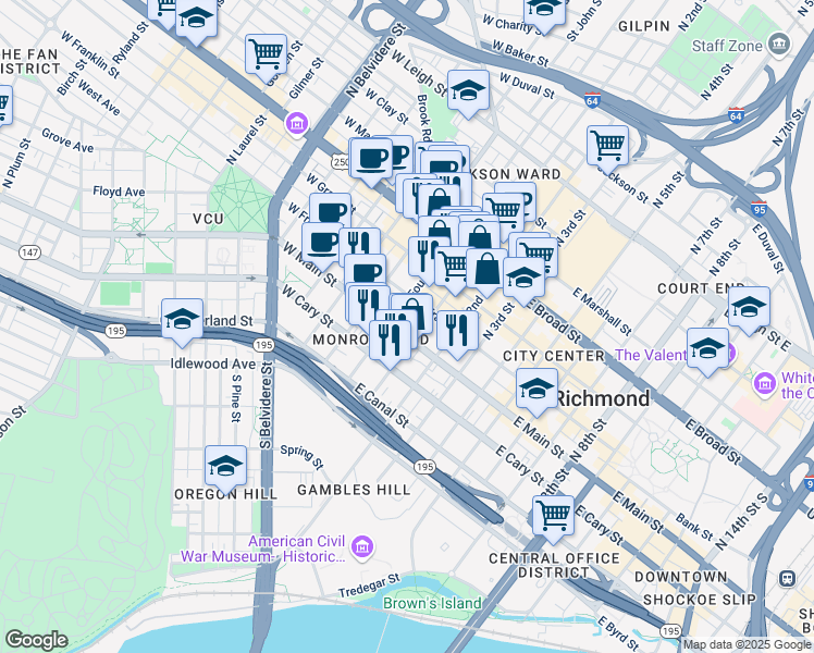 map of restaurants, bars, coffee shops, grocery stores, and more near 12 East Main Street in Richmond