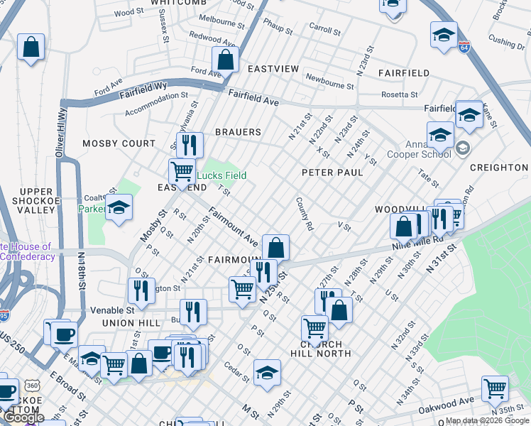 map of restaurants, bars, coffee shops, grocery stores, and more near 1414 North 22nd Street in Richmond