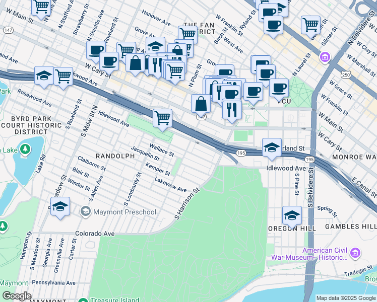 map of restaurants, bars, coffee shops, grocery stores, and more near 323 South Randolph Street in Richmond