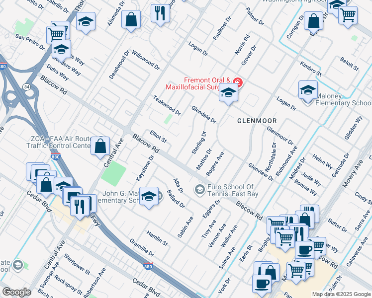 map of restaurants, bars, coffee shops, grocery stores, and more near 4948 Norris Road in Fremont