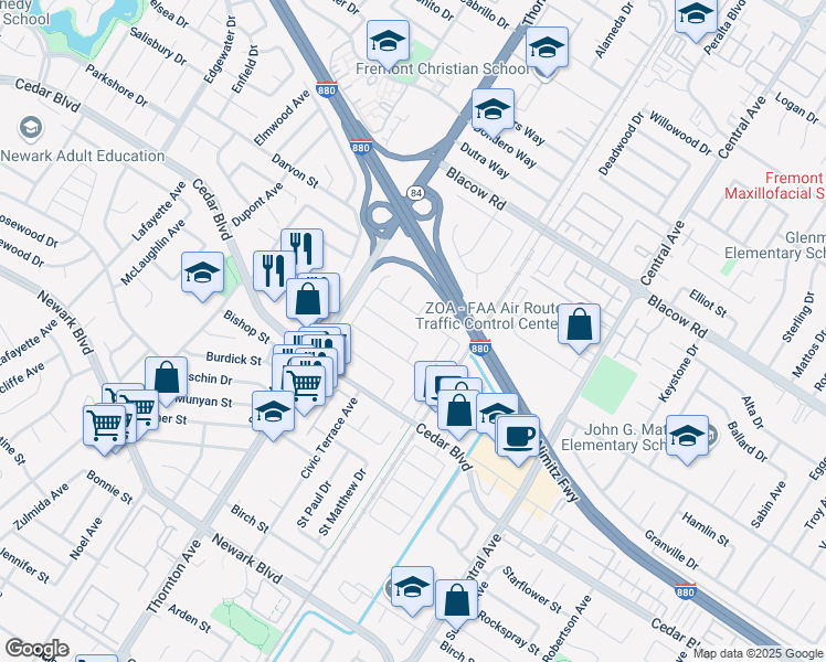 map of restaurants, bars, coffee shops, grocery stores, and more near 37164 Saint Christopher Street in Newark