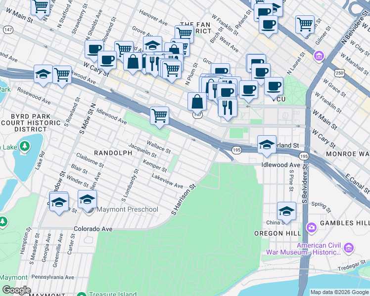 map of restaurants, bars, coffee shops, grocery stores, and more near 323 South Randolph Street in Richmond