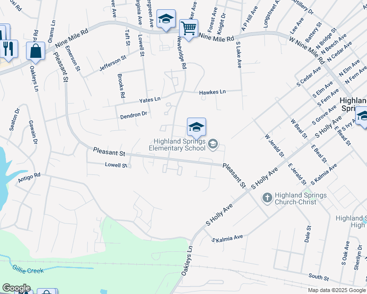 map of restaurants, bars, coffee shops, grocery stores, and more near 464 Woodpost Drive in Henrico