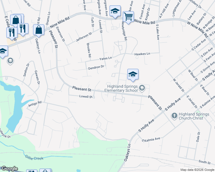 map of restaurants, bars, coffee shops, grocery stores, and more near 436 Hickorywood Circle in Richmond