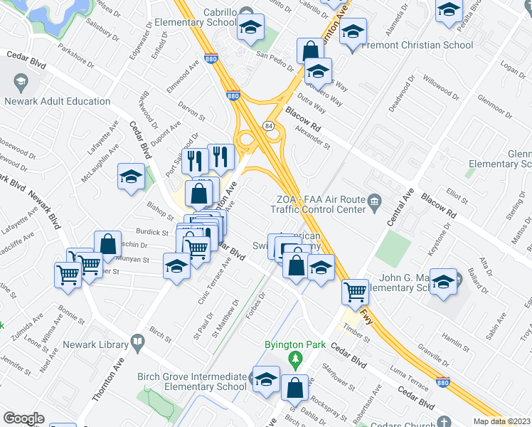 map of restaurants, bars, coffee shops, grocery stores, and more near 37164 Saint Christopher Street in Newark