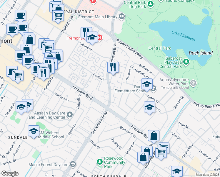 map of restaurants, bars, coffee shops, grocery stores, and more near in Fremont