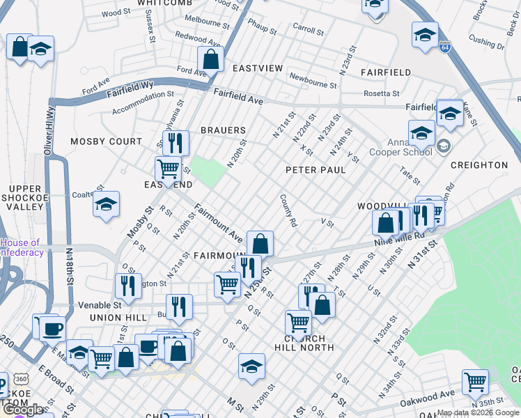 map of restaurants, bars, coffee shops, grocery stores, and more near 1506 North 23rd Street in Richmond