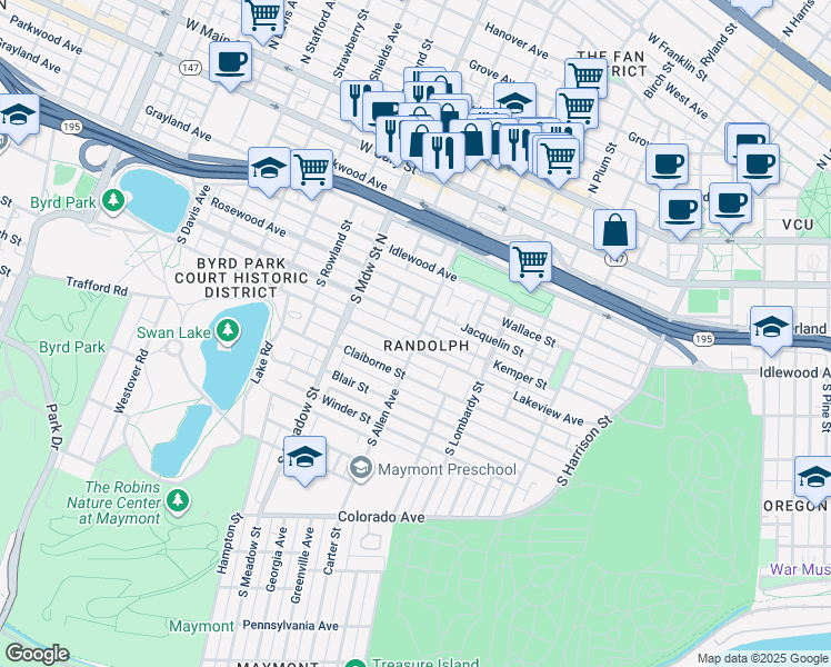 map of restaurants, bars, coffee shops, grocery stores, and more near 1800 Maplewood Avenue in Richmond