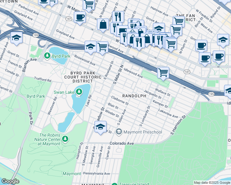map of restaurants, bars, coffee shops, grocery stores, and more near in Richmond