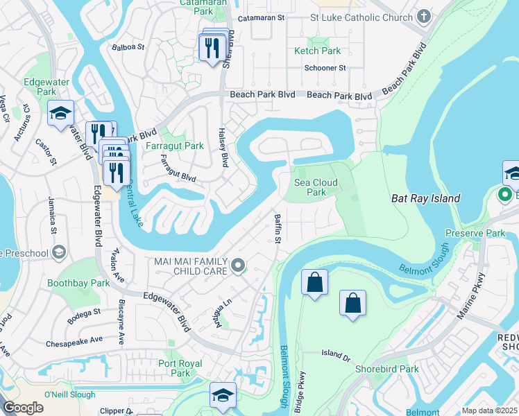 map of restaurants, bars, coffee shops, grocery stores, and more near 707 Santa Cruz Lane in Foster City