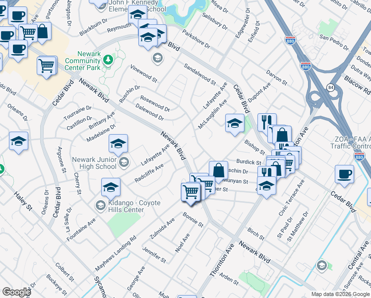 map of restaurants, bars, coffee shops, grocery stores, and more near 5874 Caleb Court in Newark