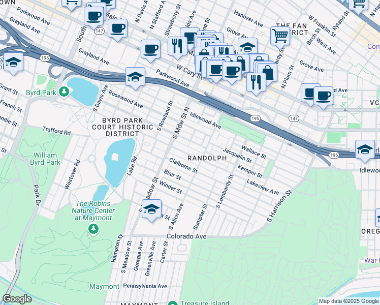 map of restaurants, bars, coffee shops, grocery stores, and more near 1832 Lakeview Avenue in Richmond