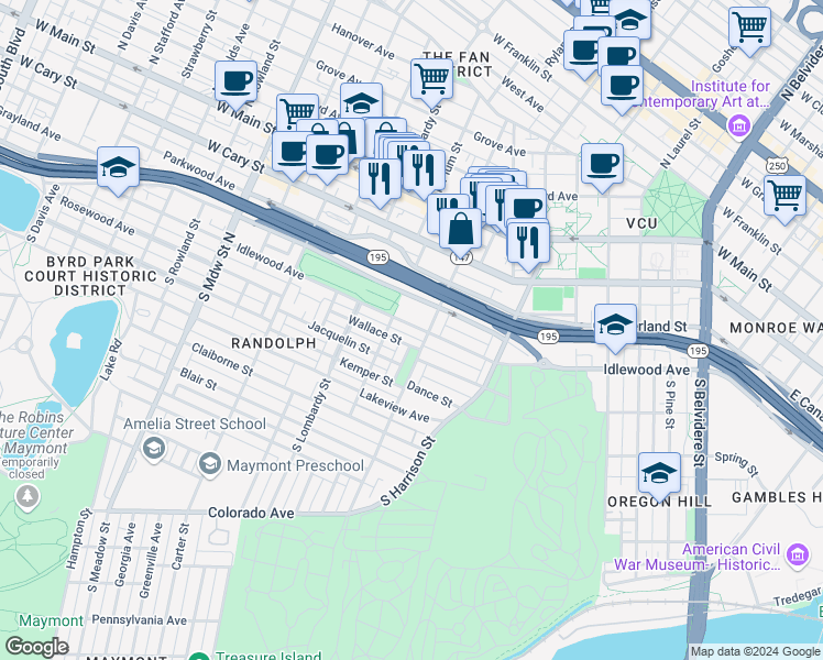map of restaurants, bars, coffee shops, grocery stores, and more near 1409 Idlewood Avenue in Richmond