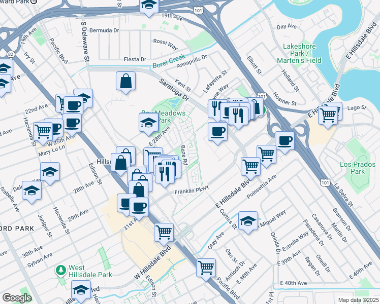 map of restaurants, bars, coffee shops, grocery stores, and more near 402 Longden Avenue in San Mateo