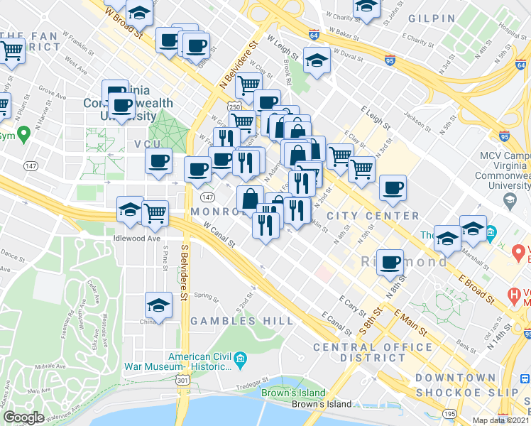 map of restaurants, bars, coffee shops, grocery stores, and more near East Main Street & South Foushee Street in Richmond