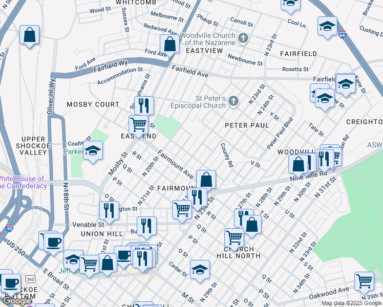map of restaurants, bars, coffee shops, grocery stores, and more near 1400 North 22nd Street in Richmond