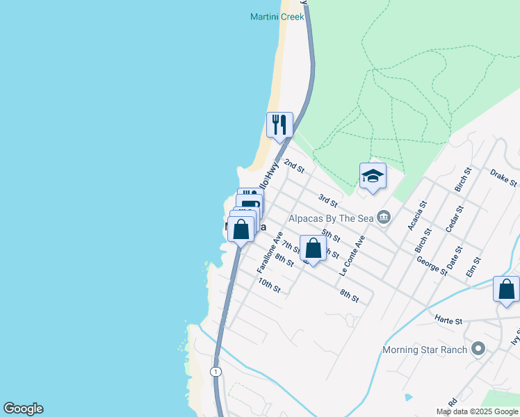 map of restaurants, bars, coffee shops, grocery stores, and more near 181 6th Street in Montara
