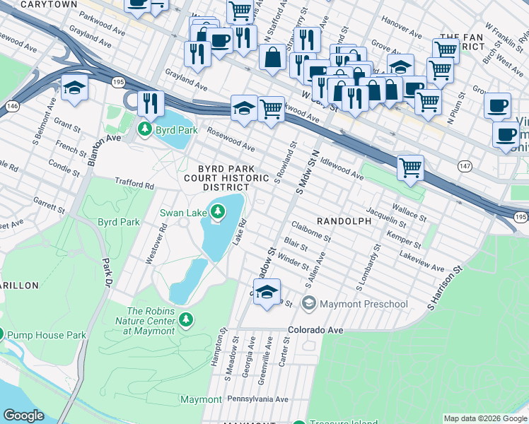 map of restaurants, bars, coffee shops, grocery stores, and more near 735 Byrd Park Court in Richmond