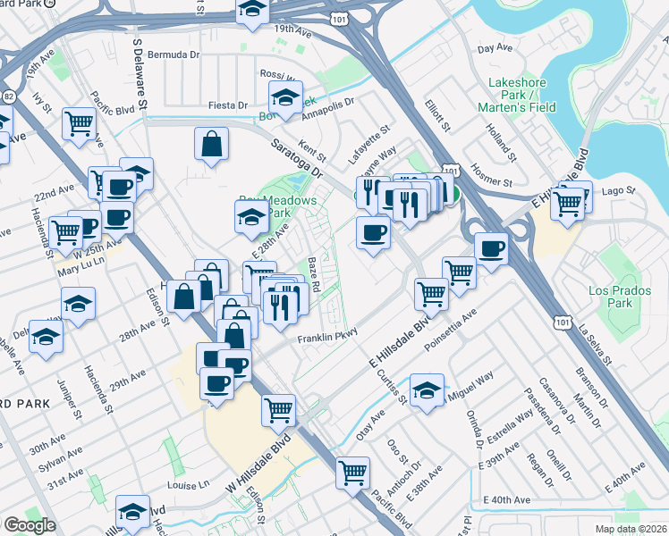 map of restaurants, bars, coffee shops, grocery stores, and more near 416 Longden Avenue in San Mateo