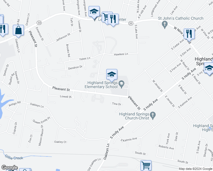 map of restaurants, bars, coffee shops, grocery stores, and more near 458 Woodpost Drive in Henrico
