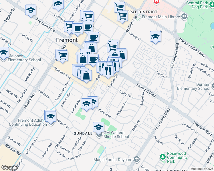 map of restaurants, bars, coffee shops, grocery stores, and more near 39561 Ross Common in Fremont