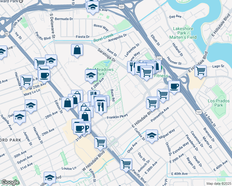 map of restaurants, bars, coffee shops, grocery stores, and more near 402 Longden Avenue in San Mateo