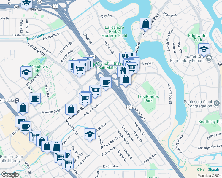 map of restaurants, bars, coffee shops, grocery stores, and more near 532 East Hillsdale Court in San Mateo