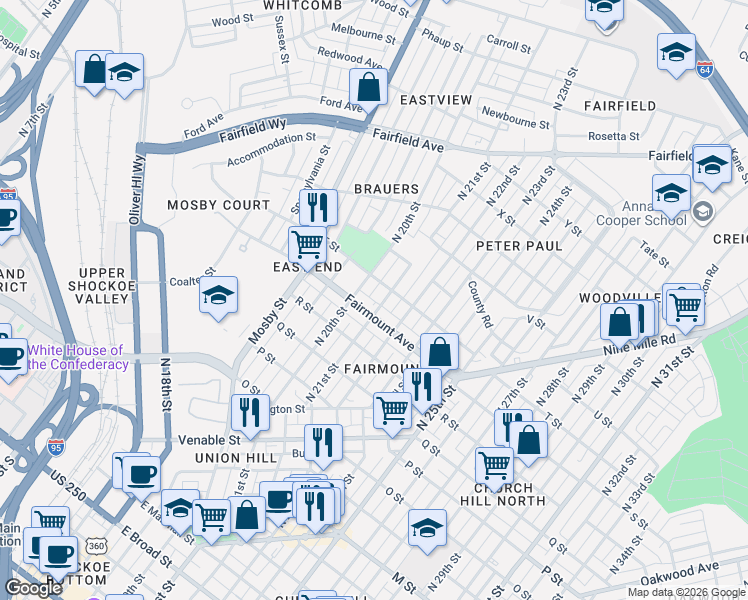map of restaurants, bars, coffee shops, grocery stores, and more near 1322 North 21st Street in Richmond