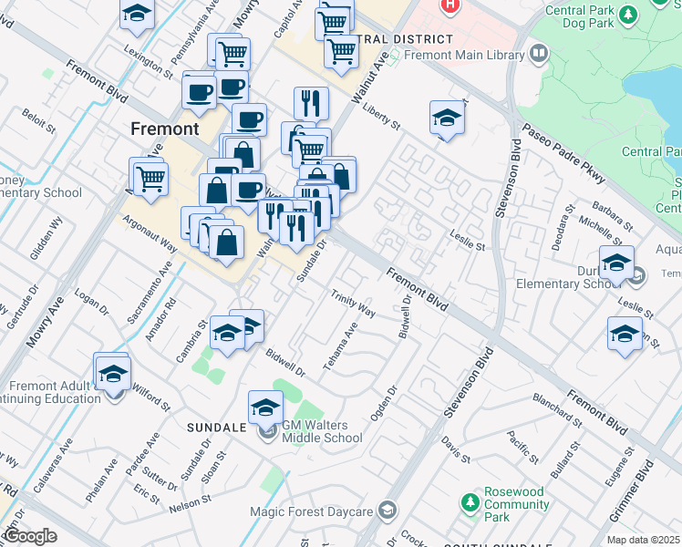 map of restaurants, bars, coffee shops, grocery stores, and more near 4033 San Francisco Terrace in Fremont