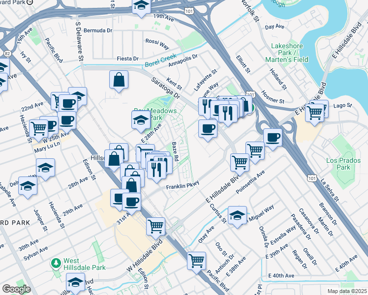 map of restaurants, bars, coffee shops, grocery stores, and more near 402 Longden Avenue in San Mateo