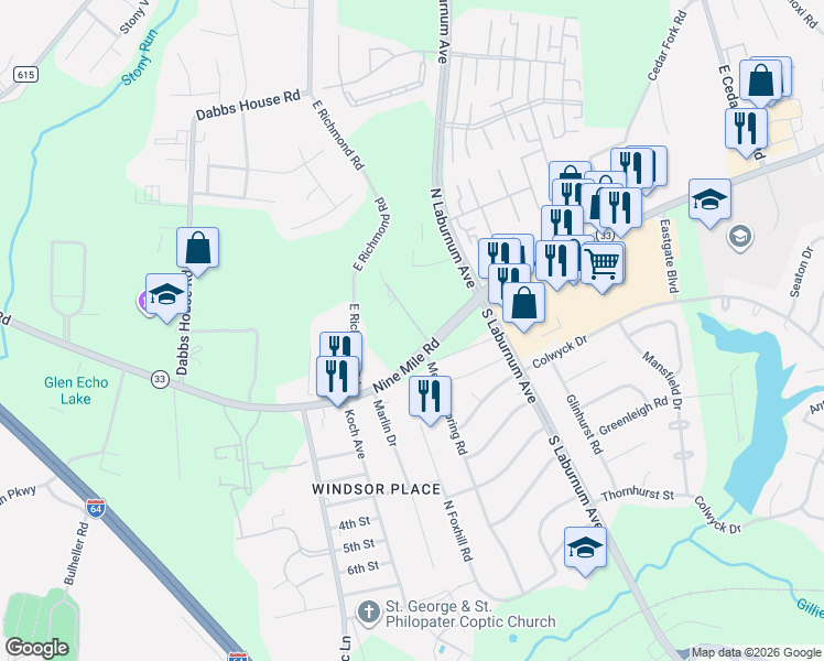 map of restaurants, bars, coffee shops, grocery stores, and more near 8 Watson Lane in Richmond