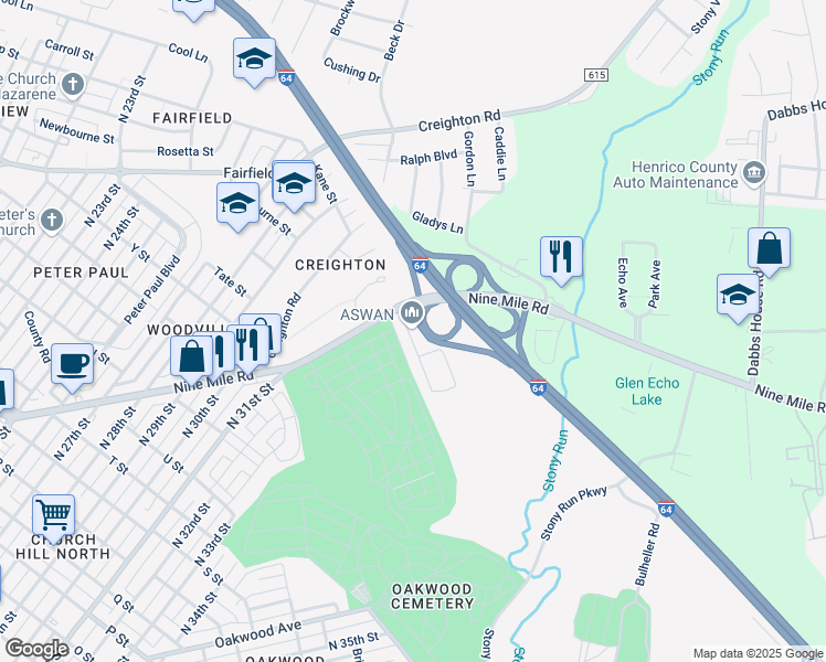 map of restaurants, bars, coffee shops, grocery stores, and more near 3233 Nine Mile Road in Richmond