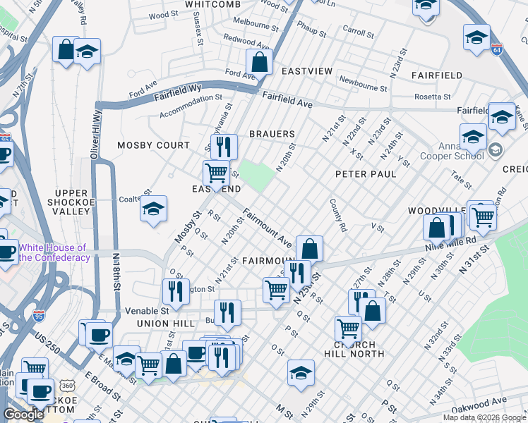 map of restaurants, bars, coffee shops, grocery stores, and more near 1322 North 21st Street in Richmond