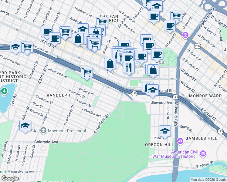 map of restaurants, bars, coffee shops, grocery stores, and more near 1300 Grayland Avenue in Richmond
