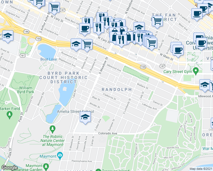 map of restaurants, bars, coffee shops, grocery stores, and more near 1901 Maplewood Avenue in Richmond