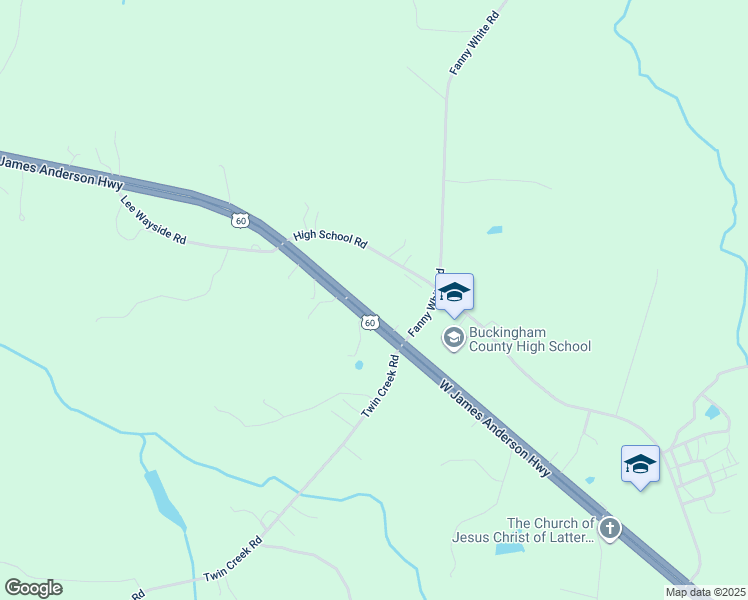 map of restaurants, bars, coffee shops, grocery stores, and more near 15487 West James Anderson Highway in Buckingham