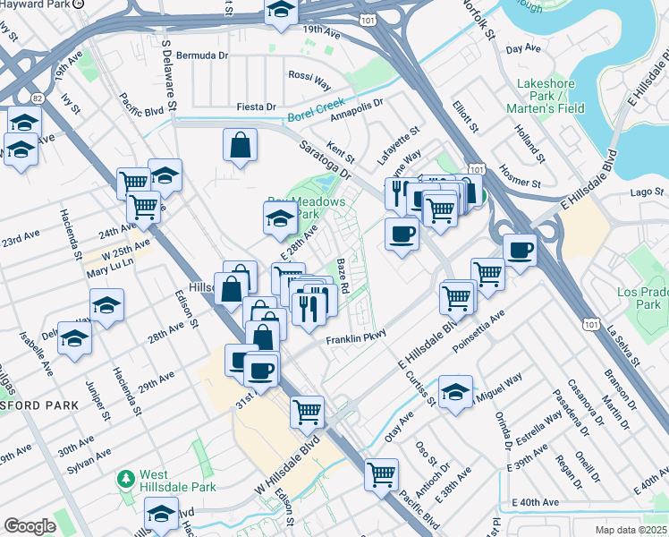 map of restaurants, bars, coffee shops, grocery stores, and more near 2900 Baze Road in San Mateo
