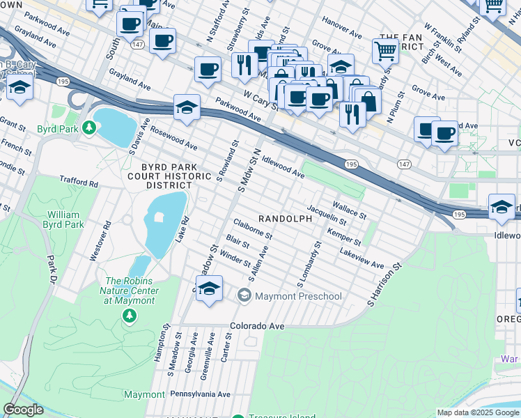 map of restaurants, bars, coffee shops, grocery stores, and more near 1834 Lakeview Avenue in Richmond
