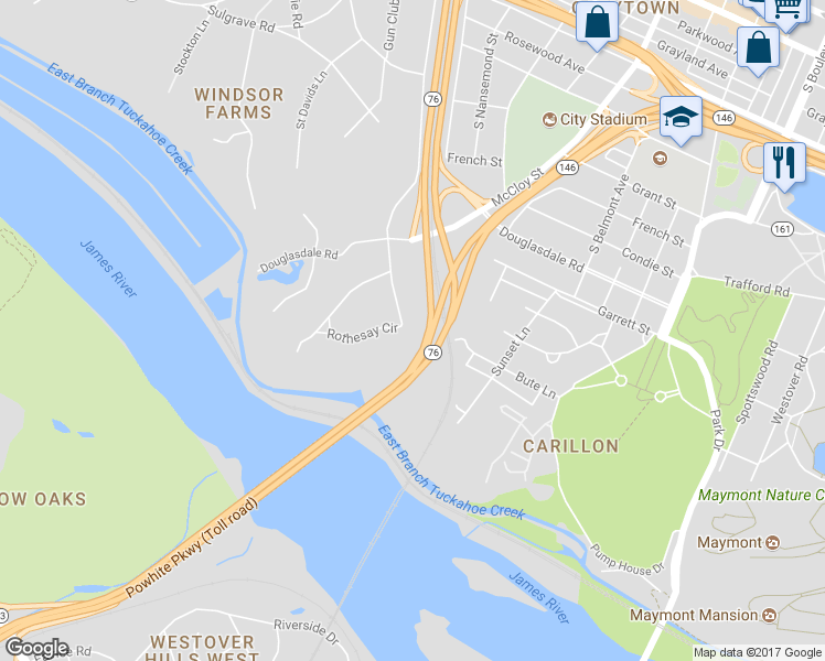 map of restaurants, bars, coffee shops, grocery stores, and more near 1258 Rothesay Circle in Richmond