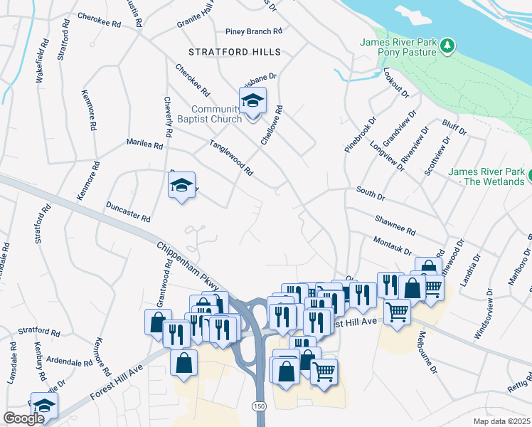 map of restaurants, bars, coffee shops, grocery stores, and more near 3131 Bradwill Road in Richmond