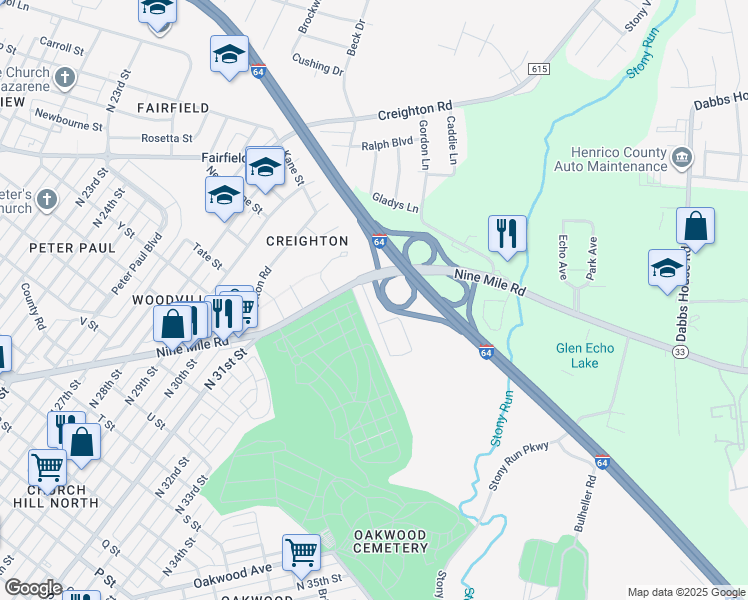 map of restaurants, bars, coffee shops, grocery stores, and more near 3233 Nine Mile Road in Richmond